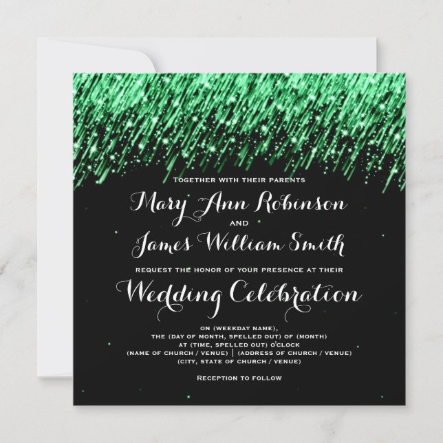 Elegant Wedding Falling Stars "Emerald Green" Invitation (Front)