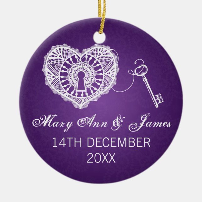 Elegant Wedding Favour Key To My Heart Purple Ceramic Tree Decoration (Front)
