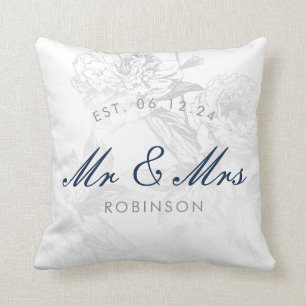 Elegant Wedding Favour Simple Floral Silver Navy Cushion