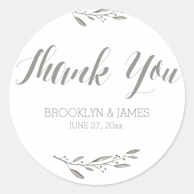Elegant Wedding Favour Stickers Round Grey Floral (Front)