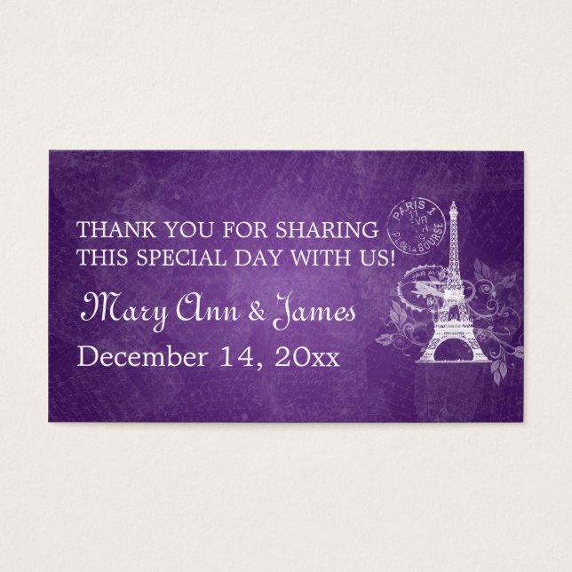 Elegant Wedding Favour Tag Romantic Paris Purple (Front)