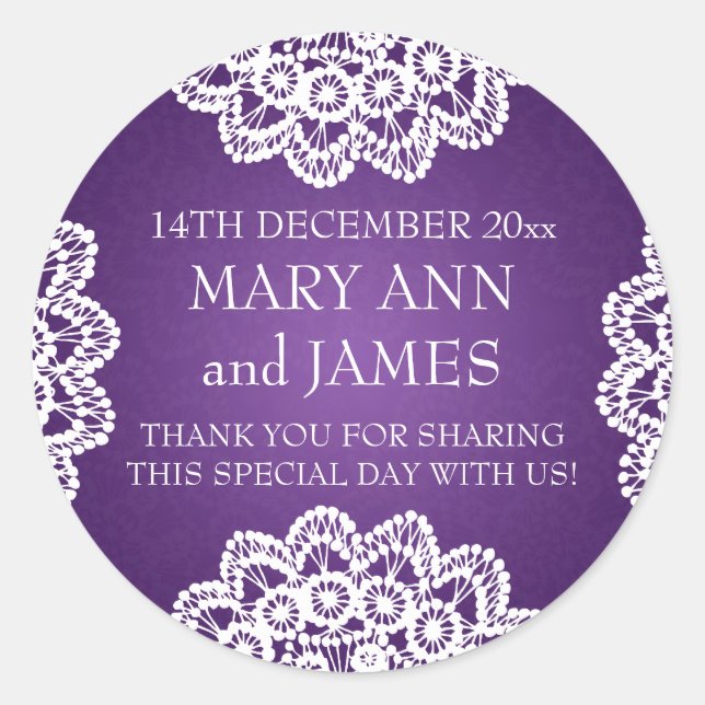 Elegant Wedding Favour Tag Vintage Lace Purple (Front)