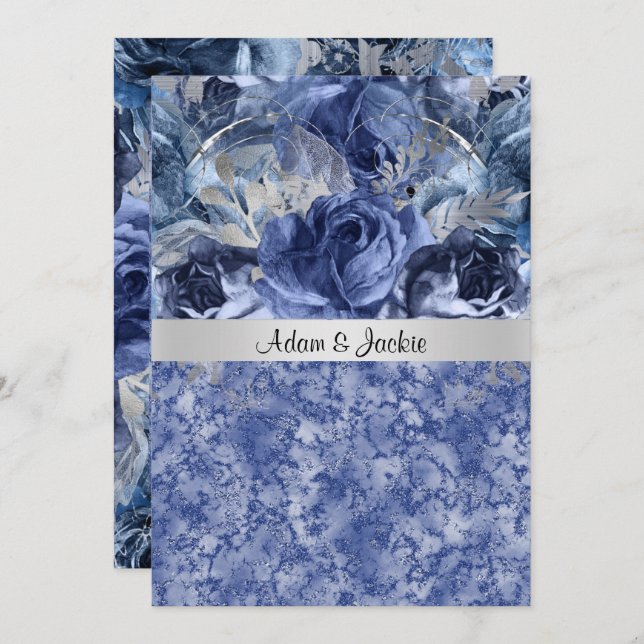 ELEGANT WEDDING FLORAL BLUE MARBLE INVITATION (Front/Back)
