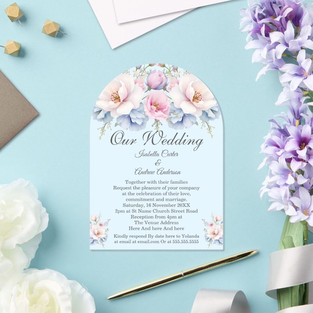 Elegant Wedding Floral Blue Pink Flowers Acrylic Invitations (Creator Uploaded)