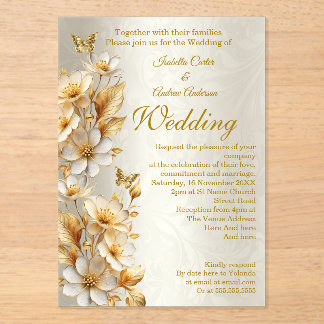 Elegant Wedding Floral Cream Gold Butterflies Acrylic Invitations
