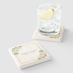 Elegant Wedding Floral Rose Metallic Gold White Stone Coaster