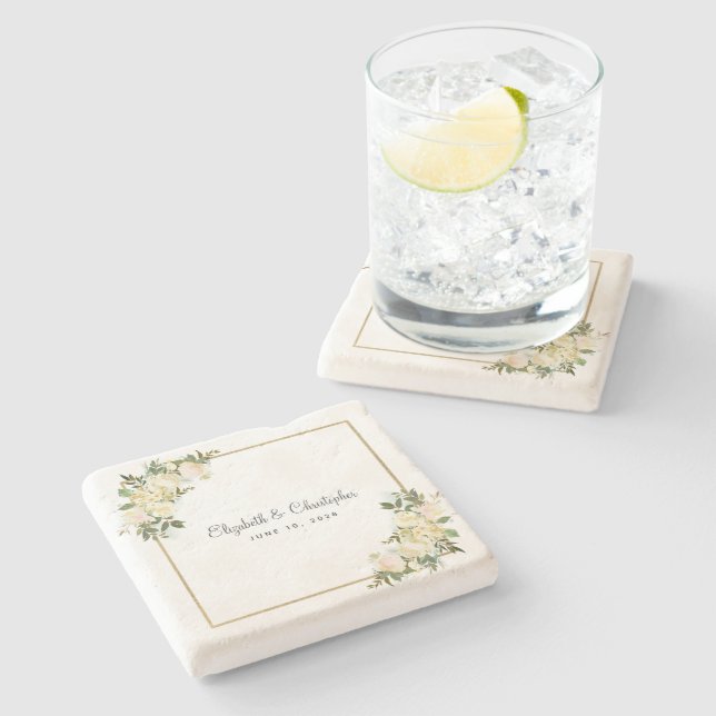 Elegant Wedding Floral Rose Metallic Gold White Stone Coaster (Side)