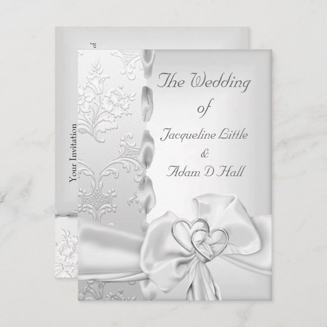 Elegant Wedding Floral Silver White Bow Hearts Invitation (Front/Back)