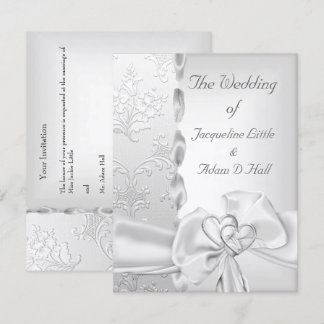Elegant Wedding Floral Silver White Bow Hearts Invitation
