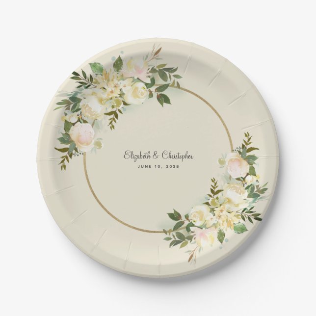 Elegant Wedding Floral Watercolor Bride & Groom Paper Plate (Front)