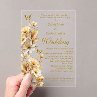 Elegant Wedding Floral White Gold Butterflies Acrylic Invitations