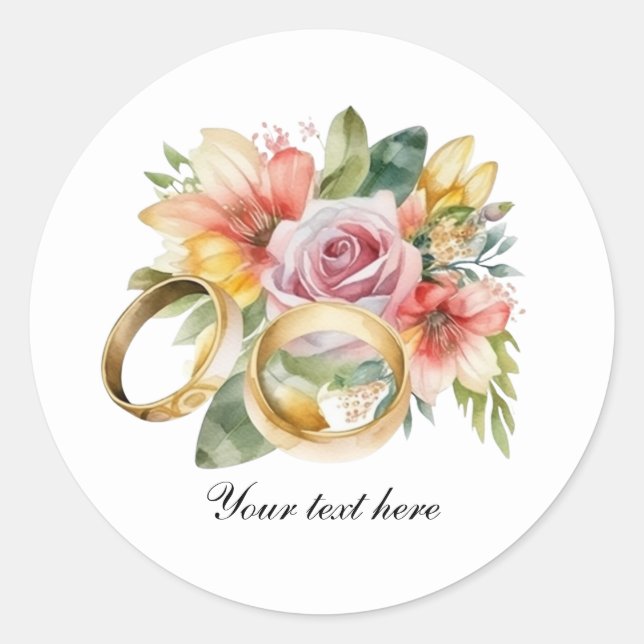Elegant Wedding flowers and rings customisable Classic Round Sticker (Front)