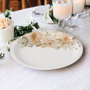 Elegant Wedding Flowers Muted Green Peach Paper Plate