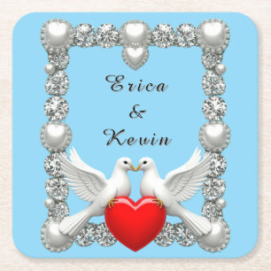 Elegant Wedding Frame with White Doves Square Paper Coaster