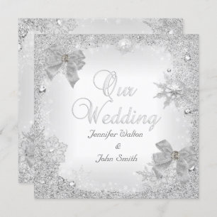Elegant Wedding Glitter Silver White Bow Invitation