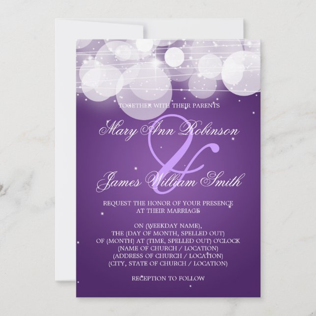 Elegant Wedding Glow & Sparkle Purple Invitation (Front)