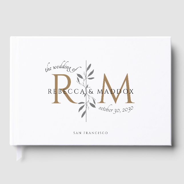 Elegant Wedding Gold Botanical Monogram Guest Book (Front)
