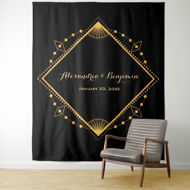 Elegant Wedding Gold Diamond Photo Booth Backdrop Tapestry (In Situ)