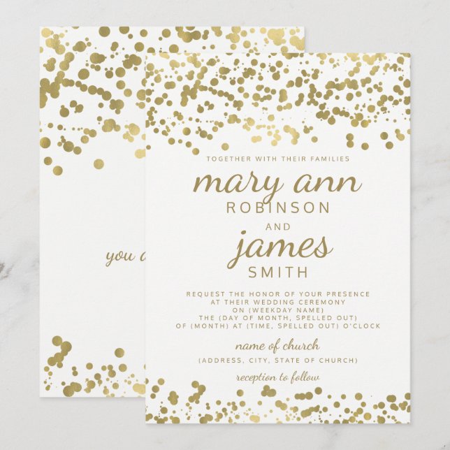Elegant Wedding Gold Foil Look Confetti Invitation (Front/Back)