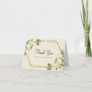 Elegant Wedding Gold Frame Rose Floral Watercolor Thank You Card