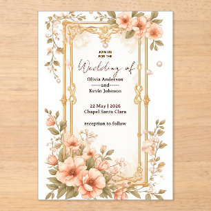 Elegant Wedding Gold Frame With Soft Pink Flowers Acrylic Invitations