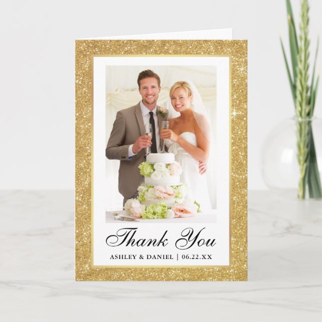 Elegant Wedding Gold Glitter Frame Photo Fold Thank You Card (Front)
