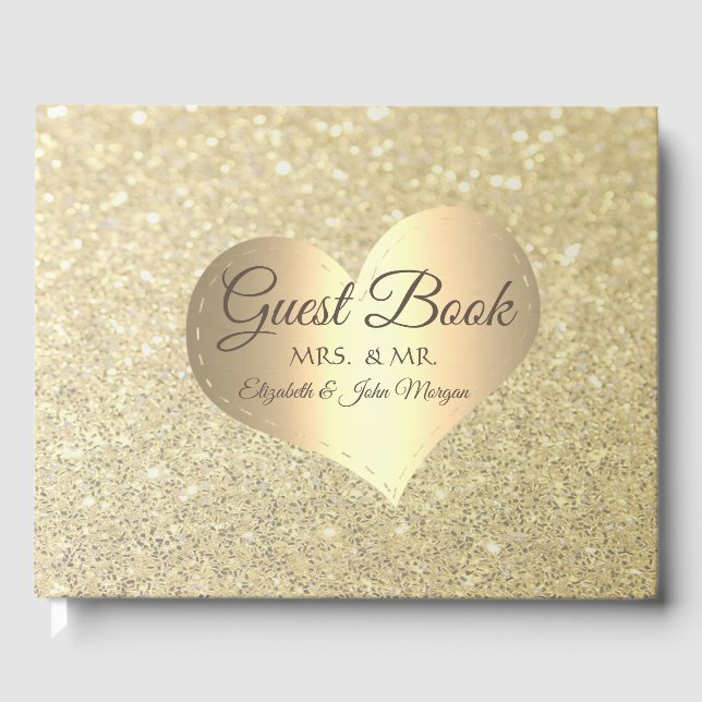 Elegant  Wedding Gold Heart Glitter Bokeh Guest Book (Front)