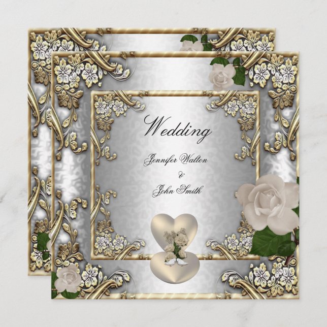 Elegant Wedding Gold Rose Silver White Invitation (Front/Back)