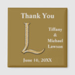 Elegant Wedding Gold Silver Letter L Monogram Magnet<br><div class="desc">This magnet is an elegant thank you gift for your bridal party or a unique wedding favour for your guests. The bride and groom's monogram is sophisticated and is accompanied by the happy couple's names and wedding date. The background offers a deep gold solid colour to support your text. The...</div>