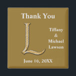 Elegant Wedding Gold Silver Letter L Monogram Magnet<br><div class="desc">This magnet is an elegant thank you gift for your bridal party or a unique wedding favour for your guests. The bride and groom's monogram is sophisticated and is accompanied by the happy couple's names and wedding date. The background offers a deep gold solid colour to support your text. The...</div>