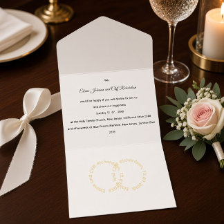 Elegant Wedding, gold written names in circles,  All In One Invitation