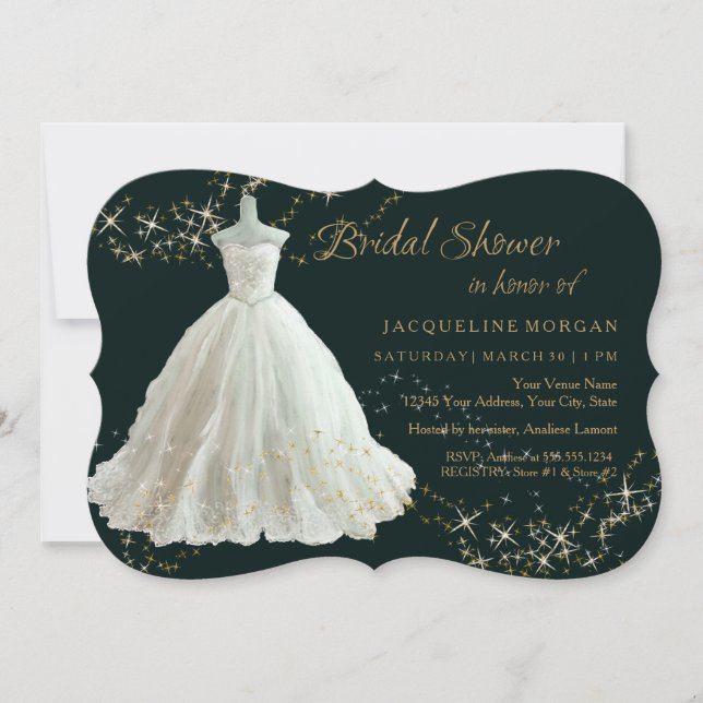 Elegant Wedding Gown Gold Sparkle Bridal Shower In Invitation (Front)