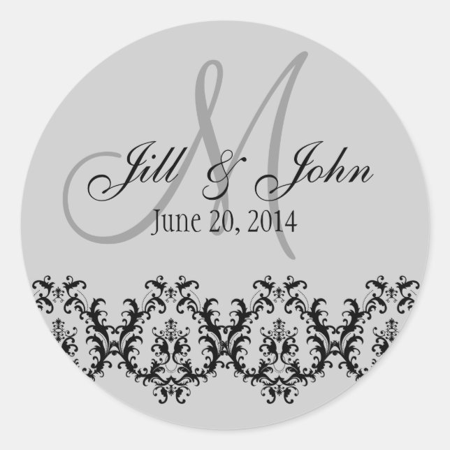 Elegant Wedding Grey Monogram Save the Date Classic Round Sticker (Front)