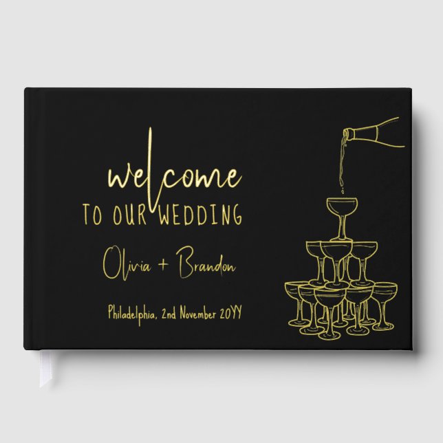 Elegant Wedding Guest Book Champagne tower black (Front)