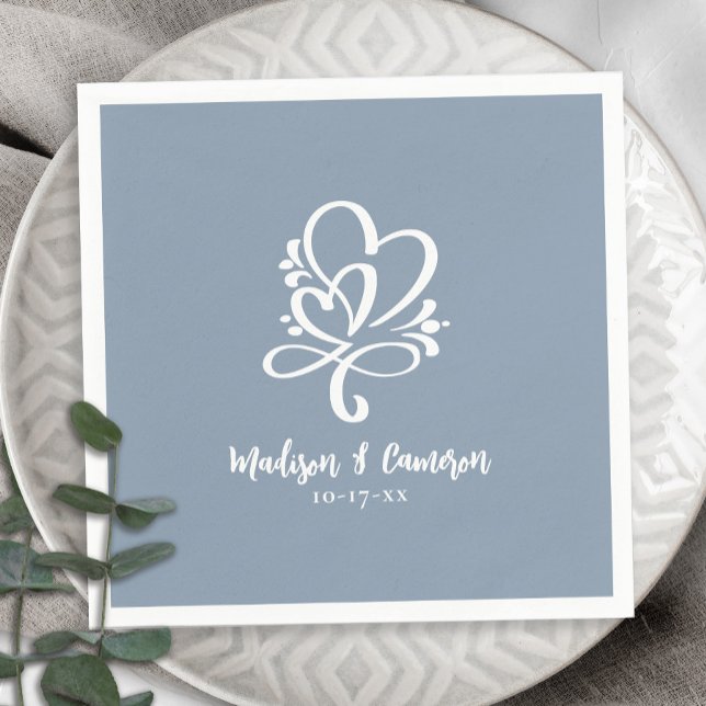 Elegant Wedding Hearts Calligraphy Chic Dusty Blue Napkin (Creator Uploaded)
