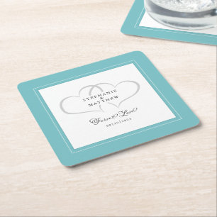Elegant Wedding Hearts Forever Love Aqua & White Square Paper Coaster