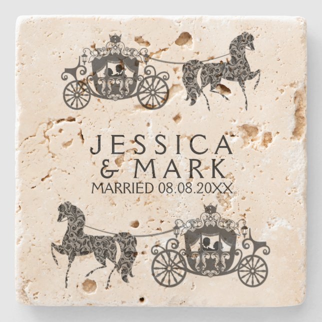 Elegant Wedding Horse & Carriage Stone Coaster (Front)