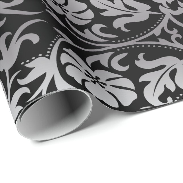 Elegant Wedding in Black and Silver Damask Wrapping Paper (Roll Corner)