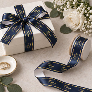 Elegant Wedding Initials Navy Blue Gold ID1312 Satin Ribbon