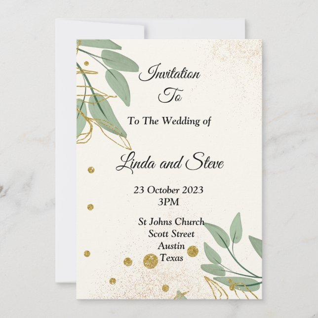 Elegant Wedding Invitation, beige green gold Invitation (Front)