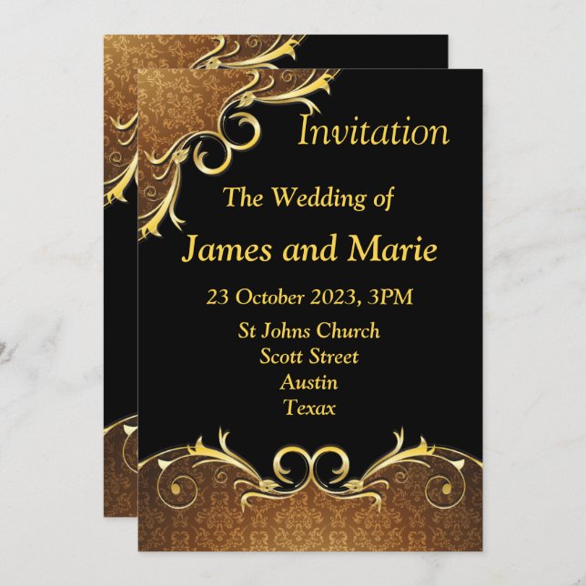 Elegant Wedding Invitation, black and gold scroll Invitation (Front/Back)