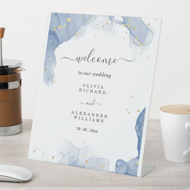 Elegant Wedding Invitation Blue and Gold Minimal Pedestal Sign (In SItu)