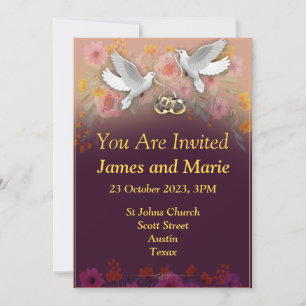 Elegant Wedding Invitation, doves and rings purple Invitation