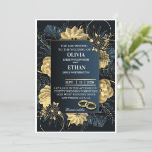 Elegant wedding invitation in dark black and gold