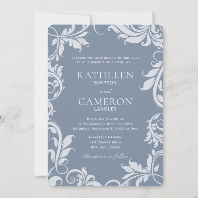 Elegant Wedding Invitation | Leaves | Dusty Blue (Front)
