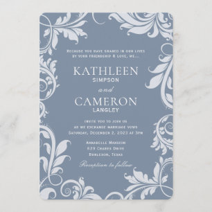 Elegant Wedding Invitation   Leaves   Dusty Blue