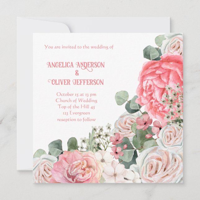 Elegant Wedding invitation Watercolor flowers (Front)