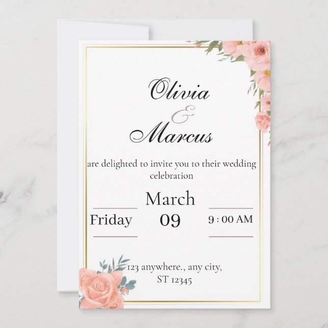 Elegant wedding invitation with  gold frame  (Front)