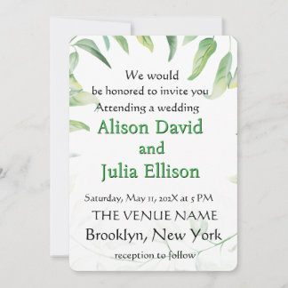 Elegant wedding invitation with green leaves