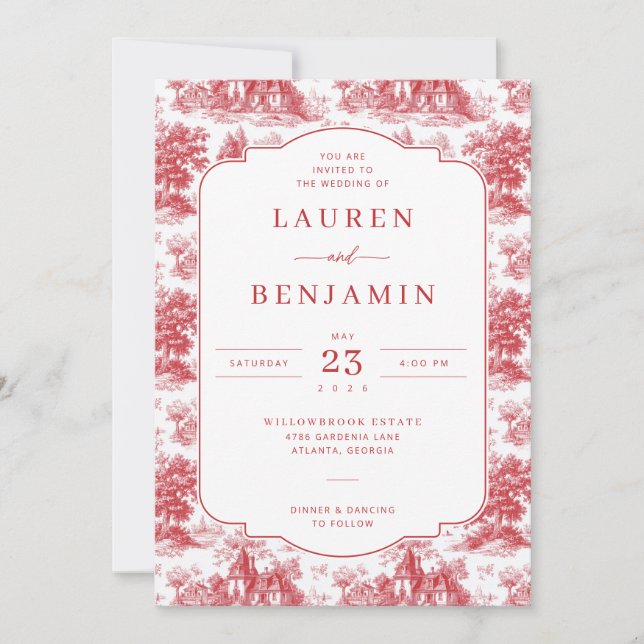 Elegant Wedding Invitation with Red Floral Design (Front)